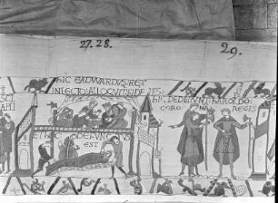 Der Teppich von Bayeux — 25. Szene: Der Tod König Edwards und die Vorbereitung zu seiner Beisetzung