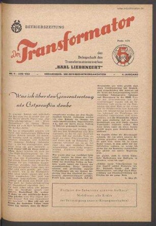 TRO-Betriebszeitung 'Der Transformator'; Nr. 11/1952 (Juni 1952)