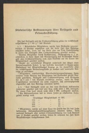 Statutarische Bestimmungen über Reisegeld und Ortsunterstützung.