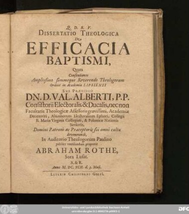 Dissertatio Theologica De Efficacia Baptismi