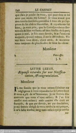 Lettre LXXXIX. Response retardee sur une Notiffication, & congratulation
