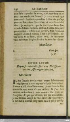 Lettre LXXXIX. Response retardee sur une Notiffication, & congratulation