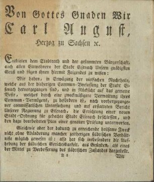Von Gottes Gnaden Wir Carl August, Herzog zu Sachsen etc. ...