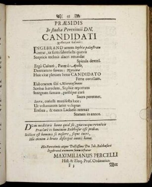 Præsidis In studia Pereximii Dn. Candidati [...]