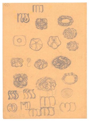 Skizzen zu Schmuck und Monogrammen : Ringe und Broschen in vegetativen Formen; Monogramme zu den Buchstaben M I