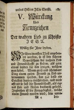 V. Würckung Und Kennzeichen Der wahren Lieb zu Christo Jesu. Willig für Ihne leyden