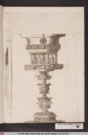 Deckelpokal mit ornamentalen Verzierungen und figürlichen Darstellungen.