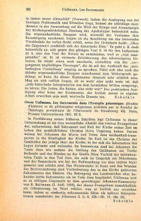 98 [Rezension] Cullmann, Oscar, Les sacrements dans l'Evangile Johannique