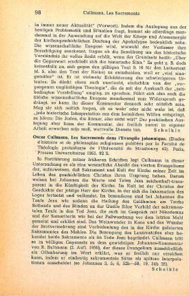 98 [Rezension] Cullmann, Oscar, Les sacrements dans l'Evangile Johannique
