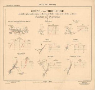 Gangkarten des Siegerlandes. Beiblatt zur Lieferung I. - Grund- und Profilrisse der größeren Eisenerzbergwerke im Bereiche der Blätter Siegen, Niederschelden und Eisern der Gangkarte des Siegerlandes. Inhalt: Blatt Siegen: Neue Haardt. Bl. Siegen und Eisern: Grimberg. Bl. Niederschelden, Storch und Schöneberg und Honigsmund-Hamberg. Bl. Niederschelden, Eisenzecher Zug. Bl. Niederschelden und Eisern: Gilberg. Bl. Eisern: Alte Dreisbach. Bl. Eisern: Brüderbund. Bl. Eisern: Eisernhardter Tiefbau