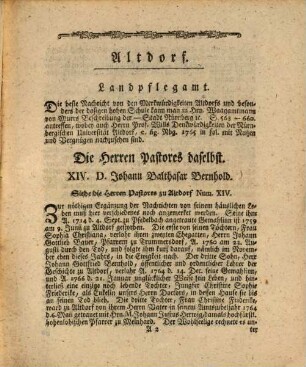 Diptycha Continvata Ecclesiarvm In Oppidis Et Pagis Norimbergensibvs oder Verzeichniße und Lebensbeschreibungen aller Herren Geistlichen in den zu Nürnberg gehörigen Landstädten und Dörfern von 1756 biß zu Ende des Jahres 1779