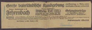 Zeitungsausschnitt mit Hinweis auf eine vaterländische Theateraufführung im Thalia-Theater, Wuppertal-Elberfeld, mit Constantin Fehrenbach