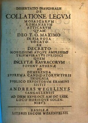 Dissertatio inauguralis de collatione legum Mosaicarum Romanarum Atticarum