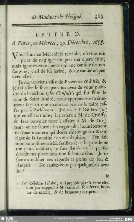 Lettre D. A Paris, ce Mécredi, 29. Décembre, 1688