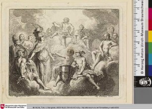 [Jupiter und Juno sitzen auf einer Wolke und blicken auf andere Personen herab]