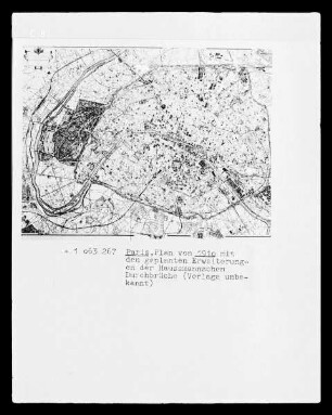 Paris, Stadtplan mit den geplanten Erweiterungen der Haussmannschen Durchbrüche