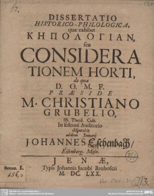 Dissertatio Historico-Philologica, quae exhibet Kpologian, seu Considerationem Horti