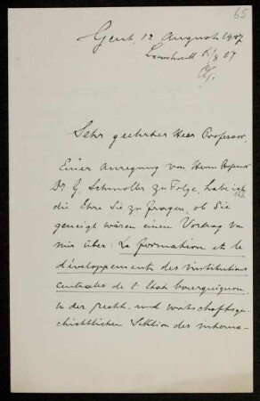 Brief von Henri Pirenne an Otto von Gierke, Gent, 12.8.1907