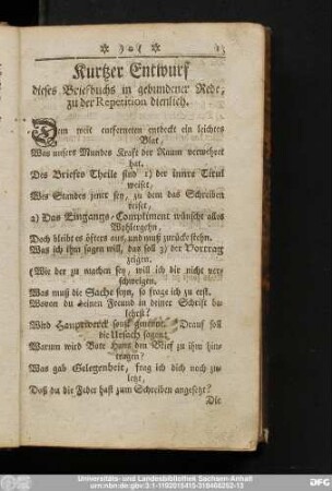 Kurtzer Entwurf dieses Briefbuchs in gebundener Rede, zu der Repetition dienlich.