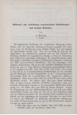 Hilfstafel zur Auflösung quadratischer Gleichungen mit reellen Wurzeln.