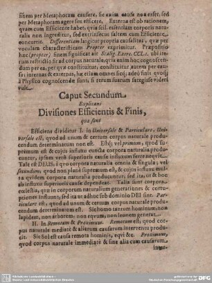 Caput Secundum Explicans Divisiones Efficientis & Finis, qua sunt