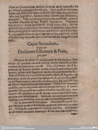 Caput Secundum Explicans Divisiones Efficientis & Finis, qua sunt