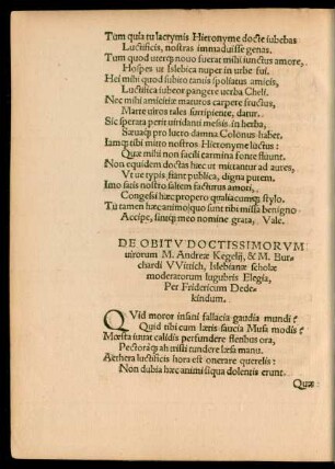 De Obitu Doctissimorum virorum M. Andreae Kegelii, & M. Burchardi Wittich ...