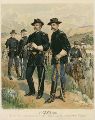 Mannschaften und Offiziere, Brigadegeneral, Linienoffizier und Soldaten in Uniform, teils zu Pferd, teils stehend, Blatt 37, vorwiegend Brustbilder in Halbprofil