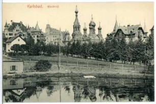 Karlsbad. Westend mit Russischer Kirche (1897) : Karlsbad. Westend mit Russisch-Orthodoxer Kirche Sankt Peter und Paul (1893-1897; Gustav Wiedermann)