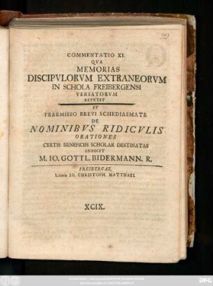 11: Commentatio ... Qva Memorias Discipvlorvm Extraneorvm In Schola Freibergensi Versatorvm Praemittit ...