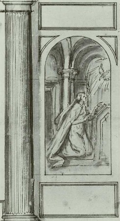 Nichtausgeführter Entwurf für die Orgel der Schloßkapelle in Dresden : Thola, Benedikt de: Nichtausgeführter Entwurf für die Orgel der Schloßkapelle in Dresden. 1563. Geschlossene Flügel, Gesamtansicht mit Verkündigung (beide Mittelbilder). Detail: linkes Mittelbild mit Maria. Federzeichnung in braun. Dresden: Hauptstaatsarchiv Dresden Loc. 35 822, Acta, Die Verfertigung einer neuen Orgel ... betr., 1563, pag. 17