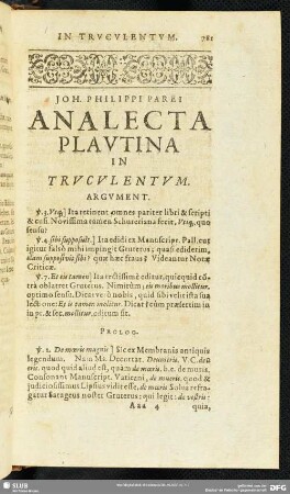 Joh. Philippi Parei Analecta Plautina In Truculentum