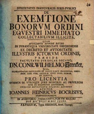 Dissertatio Inavgvralis Ivris Pvblici De Exemtione Bonorvm Ordini Eqvestri Immediato Collectabilivm Illicita