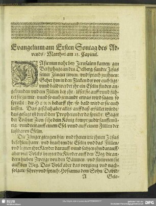 Evangelium am Ersten Sontag des Advends, Matthaei am 21. Capitul