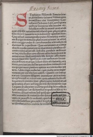 Sententiarum variationes sive synonyma : mit Widmungsvorrede des Autors an Johannes Meliorantius