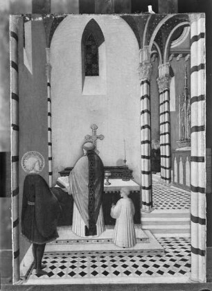Acht Darstellungen aus der Legende des heiligen Antonius und Mittelbild — Der heilige Antonius bei der Messe