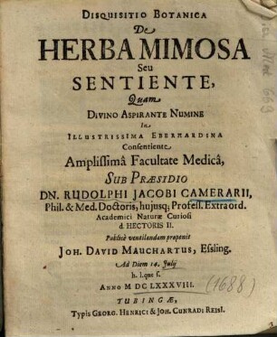 Disquisitio Botanica De Herba Mimosa Seu Sentiente