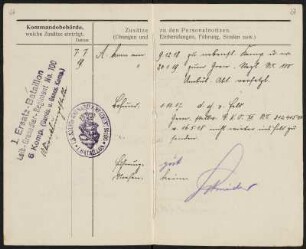Militärpaß von Max Hermann Angermann : Militärpass, aufgeschlagen, Seite [26] und [27], von Grenadier Max Hermann Angermann (1. Ersatz-Bataillon, 1. (Leib-) Grenadier-Regiment No 100, 1. Kompanie), ausgestellt am 5. Februar 1916, Dippoldiswalde. Dresden: SLUB Mscr.Dresd.Aut.3079