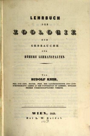 Lehrbuch der Zoologie : zum Gebrauche für höhere Lehranstalten