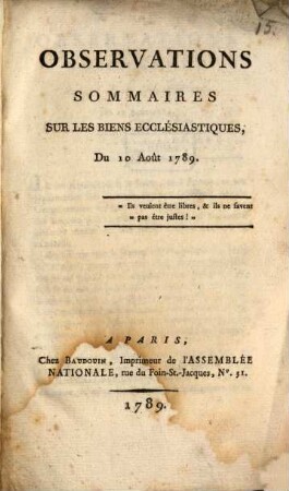 Observations sommaires sur les biens ecclésiastiques, du 10. Août 1789