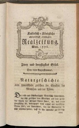 Zwey und dreyßigstes Stück. Den 6ten Augustmonat. Wien, 1776.
