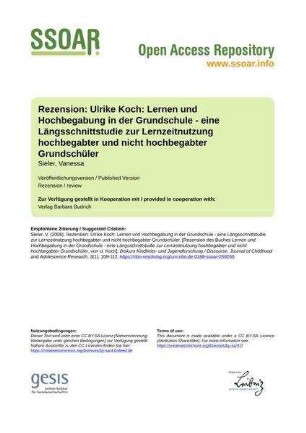 Rezension: Ulrike Koch: Lernen und Hochbegabung in der Grundschule - eine Längsschnittstudie zur Lernzeitnutzung hochbegabter und nicht hochbegabter Grundschüler