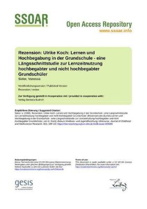 Rezension: Ulrike Koch: Lernen und Hochbegabung in der Grundschule - eine Längsschnittstudie zur Lernzeitnutzung hochbegabter und nicht hochbegabter Grundschüler