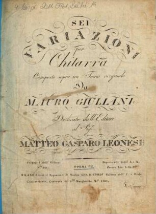 Sei variazioni per chitarra : composte sopra un tema originale ; opera 62