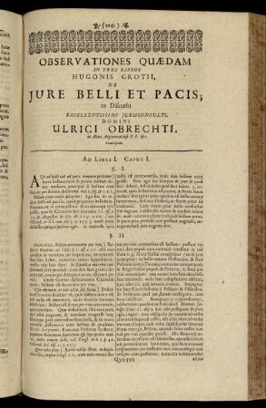 Observationes Quaedam In Tres Libros Hugonis Grotii, De Jure Belli Et Pacis; ex Discursu [...]