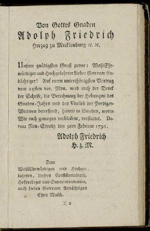 Von Gottes Gnaden Adolph Friedrich Herzog zu Mecklenburg etc...