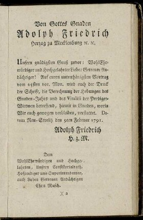 Von Gottes Gnaden Adolph Friedrich Herzog zu Mecklenburg etc...