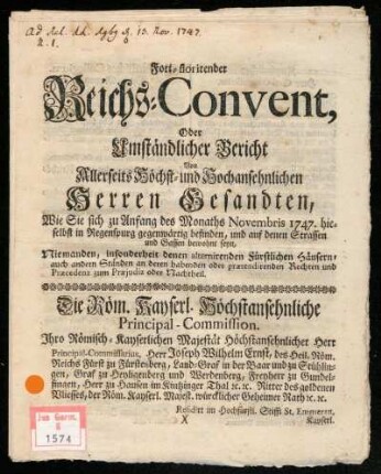 1747: Fortflorirender Reichsconvent, oder umständlicher Bericht von allerseits Höchst- und Hochansehnlichen Herren Gesandten,