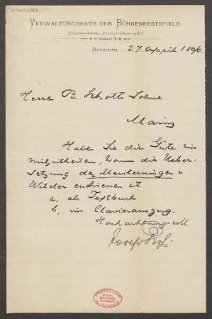 Brief an B. Schott's Söhne : 27.04.1896