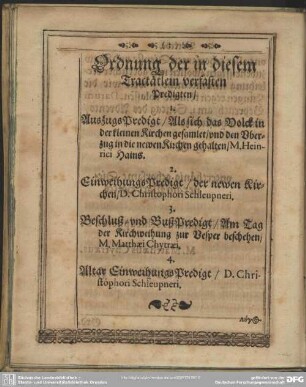 Ordnung der in diesem Tractätlein verfasten Predigten